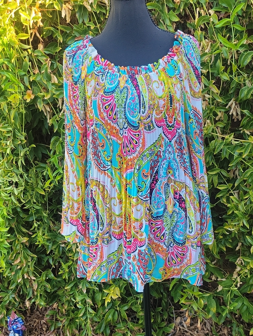 Colorful Paisley Semi Sheer Pleated Flowy Long Sleeve Top XL